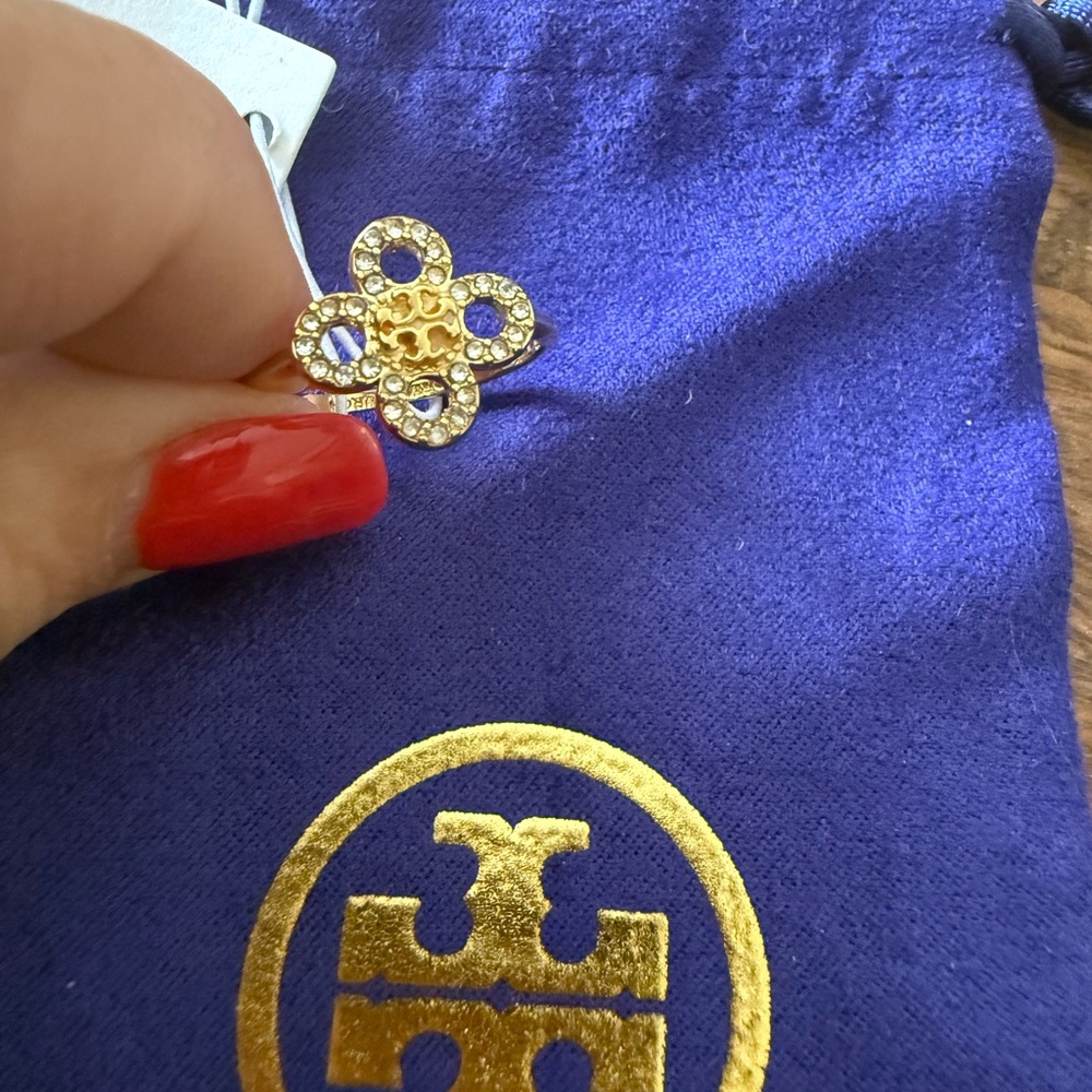 Tory Burch Gold Floral Ring with Crystal Accents - 7.5
